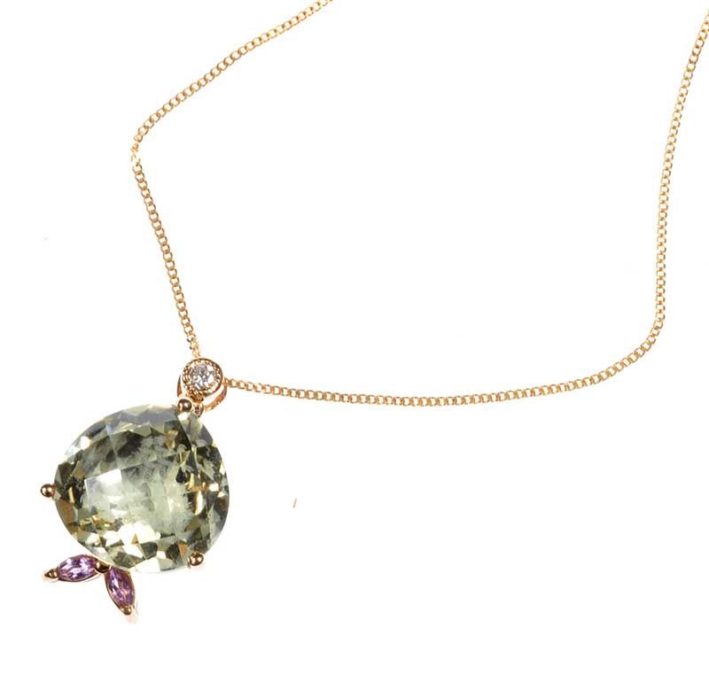 9CT GOLD LEMON QUARTZ, AMETHYST AND DIAMOND PENDANT ON AN 18CT GOLD CHAIN