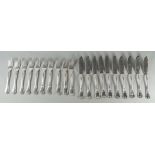 A set of ten Christofle silver plated fish knives and forks,' Marly' pattern, engraved initials. (