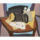 Cubist School, mid-late 20th century- Still life with playing cards and an accordian; oil on canvas,