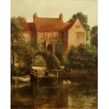 Alfred Augustus Glendening Jnr, British 1840-1921- Boy fishing by an Elizabethan Manor house; oil on