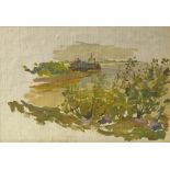 N V Volkova, Russian 1917-1993- ''The Desna River'' 1953; oil on unprimed canvas stuck down on