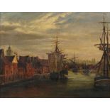 European School, mid 19th century- Ships docked in river; oil on canvas, 19.5x24.2cm Provenance: