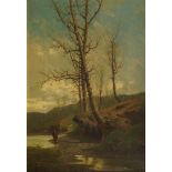 Edoardo Perotti, Italian 1824-1870- Figure on the banks of a river with woodland and hills in the