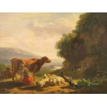 Attributed to Balthazar Paul Ommeganck, Flemish 1755-1826- Milkmaid with cattle, sheep and goats;