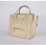 Celine, luggage handbag, textured cream calfskin with taupe lambskin lining, double handle and zip