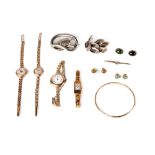A collection of jewellery and watches, to include an Art Deco 18ct gold cased ladies wrist watch,