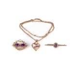 Murrle, Bennett & Co, a 9ct gold, amethyst and seed pearl bar brooch, c.1900, approx 4.