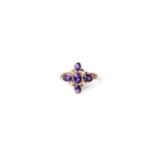 A 19th century collet set amethyst and seed pearl ring, of cruciform design, mounted in 9ct gold,