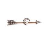 A Victorian diamond and pearl arrow with crescent moon bar brooch,