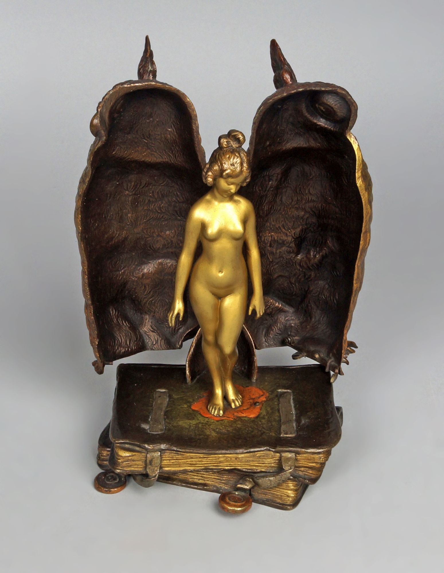 Franz Bergman, a metamorphic erotic bronze study of an owl and nude, - Image 2 of 3