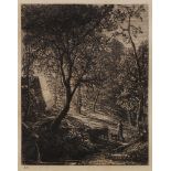 Samuel Palmer RWS, British 1805-1881- "The Herdsman's Cottage- Sunset" 1850; etching on chine-colle,