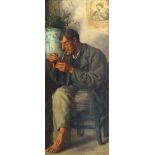 Jean Benner, French 1836-1906- Portrait of a man lighting a pipe; oil on canvas, signed, 78x33.