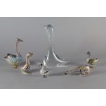 A Daum glass model of a swan, 20th century, 20cm high, together with five Chinese enamel models of