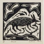 Qaeqhao Moses, Botswanan late 20th century/ early 21st century- 'Dqosa' 2007; a wood cut print of an