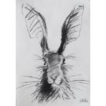 James Hollis, British, b. 1977- Portrait of a hare; charcoal on paper, signed lower right, 83x59cm