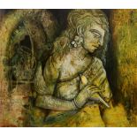 Sarbani Ganguly, Indian b.1957- Woman holding a bird; acrylic on canvas, signed, 50.