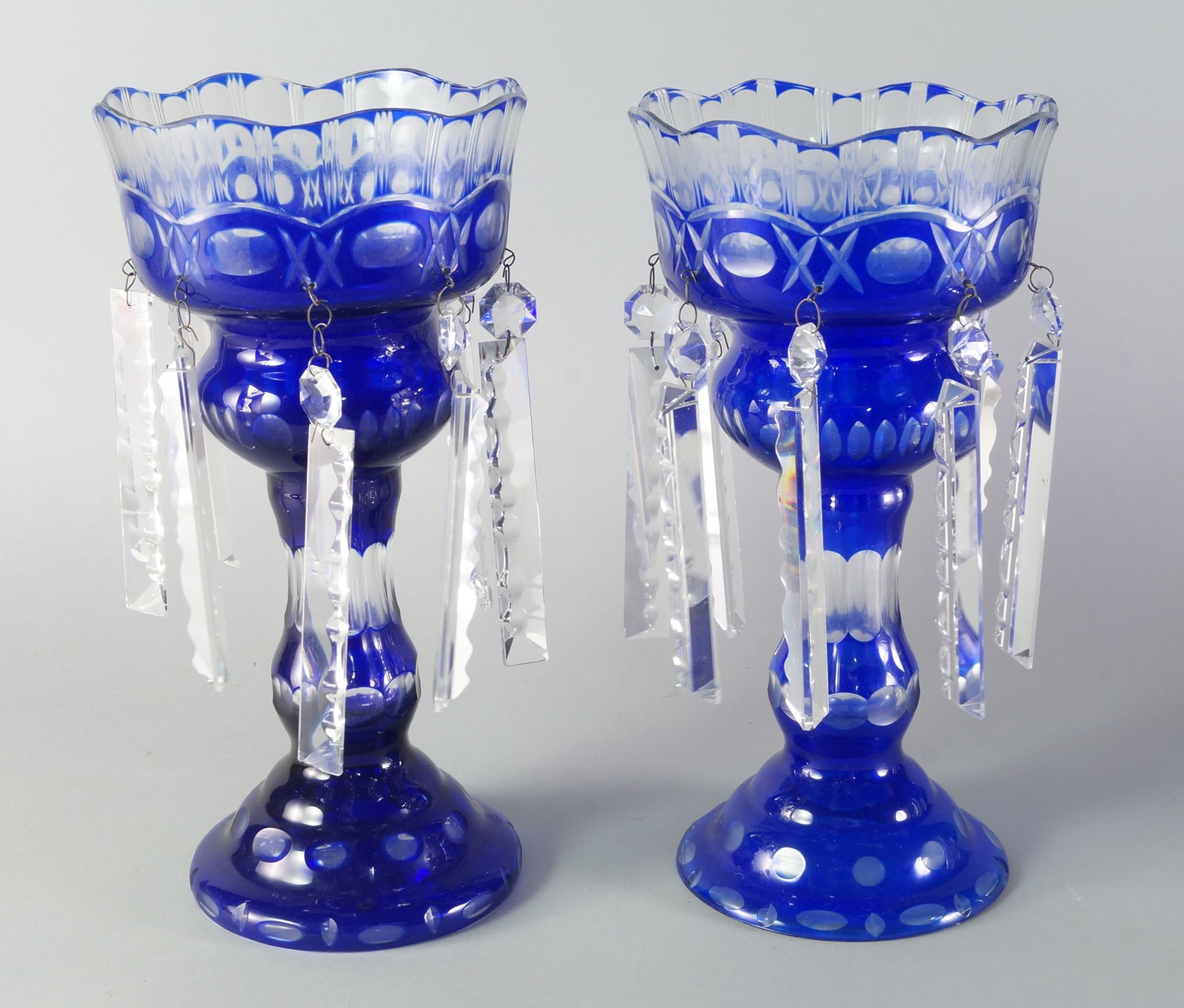 A pair of Continental blue overlay glass lustres, late 19th/early 20th century,
