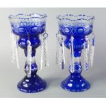 A pair of Continental blue overlay glass lustres, late 19th/early 20th century,