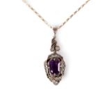 A Georgian amethyst and diamond set pendant, mounted in unmarked yellow metal,