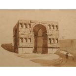 Augustus J Cuthbert Hare, British 1834-1903- The Arch of Janus, Rome; sepia wash, 25.2x33.