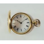 Swiss yellow metal ladies half hunter pocket watch, front cover with black enamel Arabic numerals,