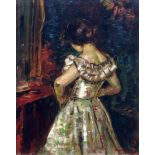 Andor Dudits, Hungarian 1866-1944- "The New Dress"; oil on card laid down on panel, signed, 26x20.