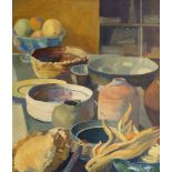 Evelyn M Griffiths, British, 20th/21st century- Still life with pots; oil on board,
