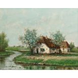 Northern European School, early 20th century- Thatched cottage by a stream; oil on canvas,