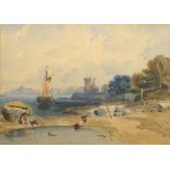 Attributed to Henry C Hudson, British mid 19th century- Sail boat moored near castle with ramparts,