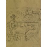Alfred Kubin, Austrian 1877-1959- "Bauer mit Kalb"; pencil, with stamped facsimile signature, 28.