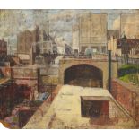 British School, 20th century- Industrial urban landscape; oil on board, 56x64cm,