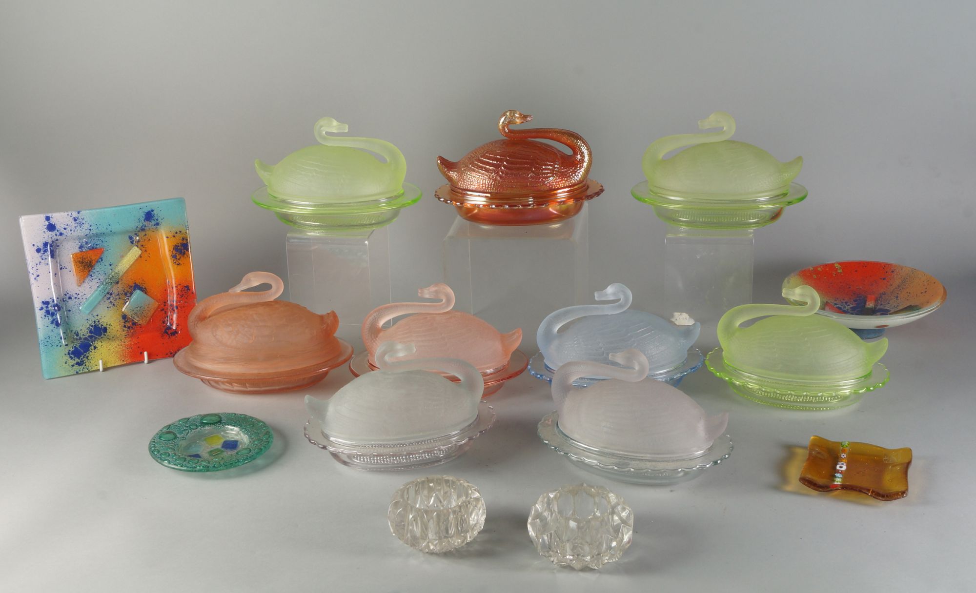 A collection of six pressed glass butter dishes, late 19th/early 20th century,