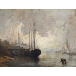 Circle of Joesef Eduard Tammer, German 1883-1954- Boats moored in the river; oil on board, 26.