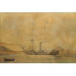 British School, early 19th century- A naval frigate moored in a harbour; pencil and watercolour,