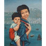 M Tonge, mid 20th century- Mother and baby, Hong Kong; oil on board, signed and dated 1966, 58x48.