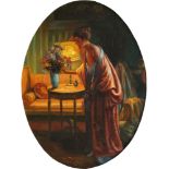 Style of Max Albert Carlier- A lady in her boudoir, and a seated lady blowing bubbles; oil on panel,