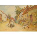 John Parker RWS, British 1839-1915- Lady pushing a cart through village; watercolour,