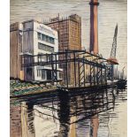 N Hopwood, British 20th century- Trafford Docks; ink and watercolour & linocut, 32.