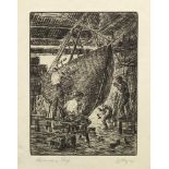 Denis Higgins, British, mid-late 20th century- "Bermudian Sloop"; etching,