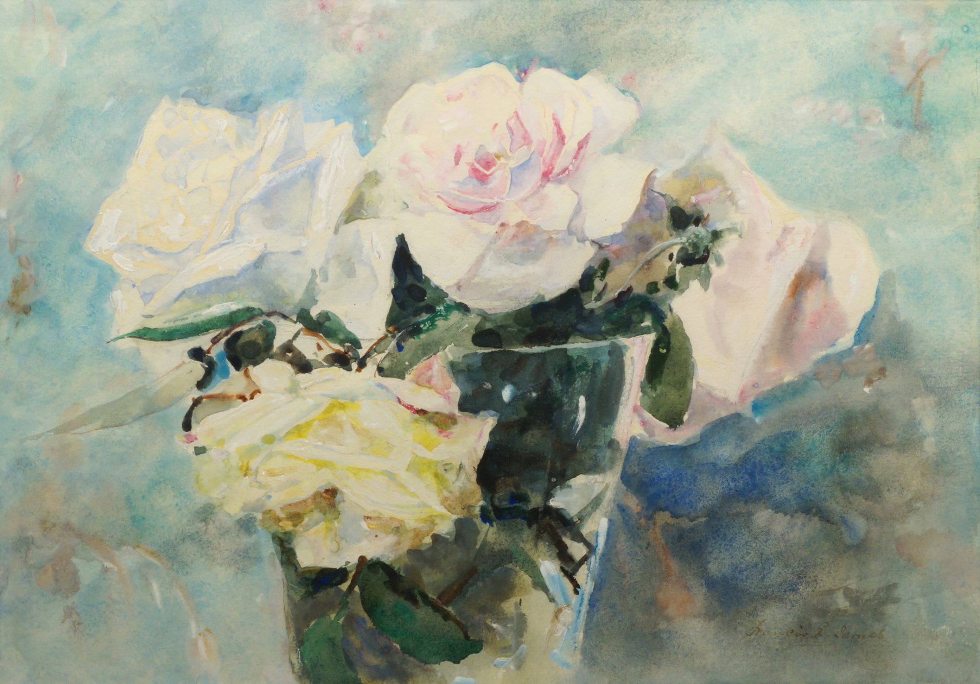 Francis Edward James RWS RBA NEAC, British 1849-1920- Roses in a glass vase; watercolour, signed,