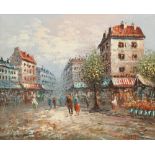 Caroline Burnett, late 20th century- Paris street scenes; oils on board, a pair, ea. 48.5x58.