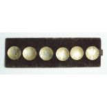 Set of six white metal buttons, possibly Russian, each with engraved stylized aircraft or rocket,