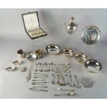 A miscellaneous collection of white metal and silver plate, to include and Egyptian silver dish,