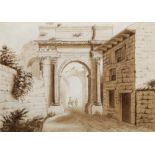 Circle of Edward Cheney, British 1803-1884- Roman gateway; wash drawing; 12.8x17.