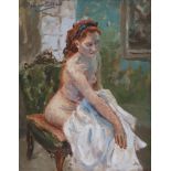 Dennis Gilbert NS NEAC, British b.1922- Seated nude, after the bath; oil on board, signed, 25.5x20.
