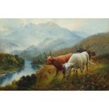 Edward Matthews, British, 19th century- Highland cattle in Scottish landscape; watercolour, signed,