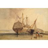 British School, late 18th century- Moored galleon in an esturary; watercolour, 22.7x33.