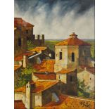 Lello M Barresi, Italian 1932-2001- View of rooftops; oil on canvas, signed, further signed,