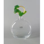 Daum, a glass decanter with a stopper of gilt ring form moulded with a green pate-de verre monkey,