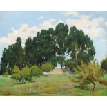 Cesar G Pola, Spanish 1921-1989- Orchard with trees beyond; oil on panel, signed, 63x78cm,